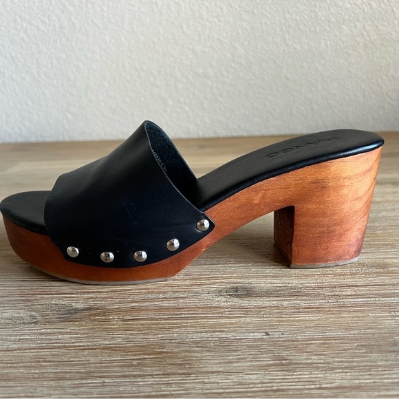 Mango Shoes Womens 7.5 Black Leather Chunky Wood Studded Platform Block Heel - Picture 3 of 16